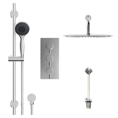 Circo Polished Chrome Concealed Triple Thermostatic Shower Valve with Diverter and 400mm Round Head with 345mm Wall Arm and Clyde Slide Rail Kit with Free-Flow Bath Filler - 3 Outlet Front View