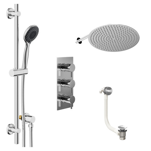 Circo Polished Chrome Concealed Triple Thermostatic Shower Valve with Diverter and 400mm Round Head with 345mm Wall Arm and Clyde Slide Rail Kit with Free-Flow Bath Filler - 3 Outlet Left Hand View