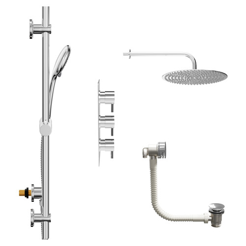 Circo Polished Chrome Concealed Triple Thermostatic Shower Valve with Diverter and 400mm Round Head with 345mm Wall Arm and Clyde Slide Rail Kit with Free-Flow Bath Filler - 3 Outlet View from Side