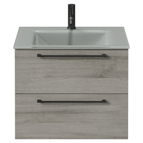 Venice Molina Ash 600mm Wall Mounted Vanity Unit with Grey Glass 1 Tap Hole Basin and 2 Drawers with Gunmetal Grey Handles Front View