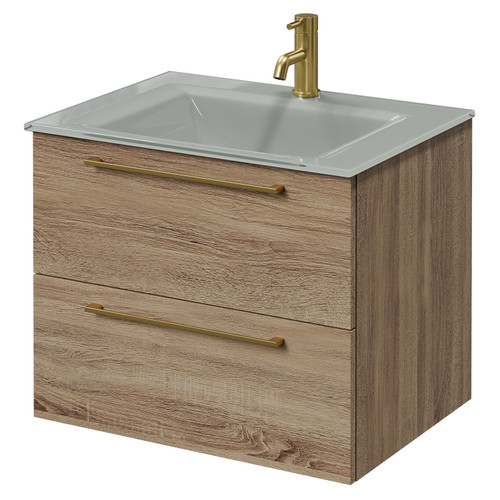 Venice Bordalino Oak 600mm Wall Mounted Vanity Unit with Grey Glass 1 Tap Hole Basin and 2 Drawers with Brushed Brass Handles Right Hand View