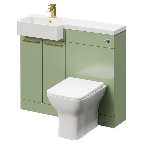 Napoli Combination Olive Green 1000mm Vanity Unit Toilet Suite with Left Hand Square Semi Recessed 1 Tap Hole Basin and 2 Doors with Brushed Brass Handles Right Hand View