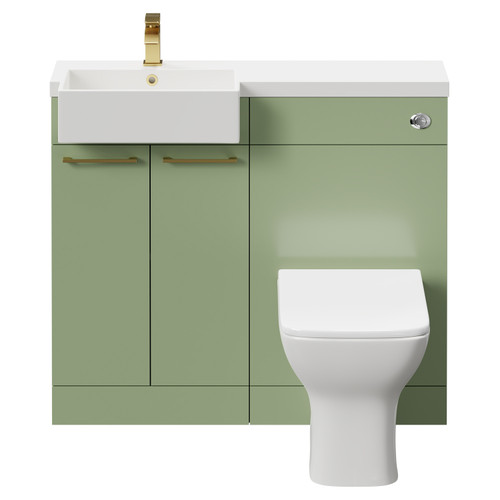 Napoli Combination Olive Green 1000mm Vanity Unit Toilet Suite with Left Hand Square Semi Recessed 1 Tap Hole Basin and 2 Doors with Brushed Brass Handles Front View
