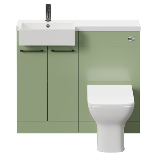 Napoli Combination Olive Green 1000mm Vanity Unit Toilet Suite with Left Hand Square Semi Recessed 1 Tap Hole Basin and 2 Doors with Gunmetal Grey Handles Front View