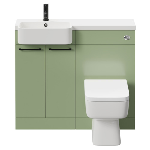 Napoli Combination Olive Green 1000mm Vanity Unit Toilet Suite with Left Hand Round Semi Recessed 1 Tap Hole Basin and 2 Doors with Matt Black Handles Front View