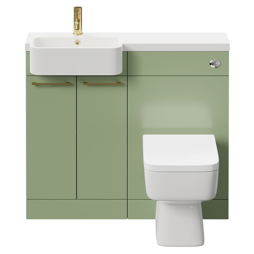 Napoli Combination Olive Green 1000mm Vanity Unit Toilet Suite with Left Hand Round Semi Recessed 1 Tap Hole Basin and 2 Doors with Brushed Brass Handles Front View