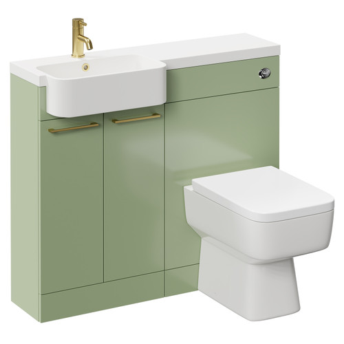 Napoli Combination Olive Green 1000mm Vanity Unit Toilet Suite with Left Hand Round Semi Recessed 1 Tap Hole Basin and 2 Doors with Brushed Brass Handles Left Hand View