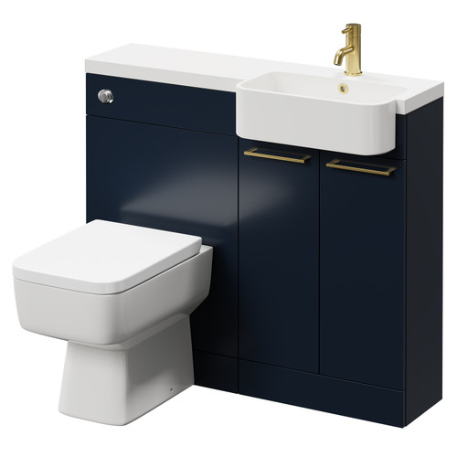Napoli Combination Deep Blue 1000mm Vanity Unit Toilet Suite with Right Hand Round Semi Recessed 1 Tap Hole Basin and 2 Doors with Brushed Brass Handles Right Hand View