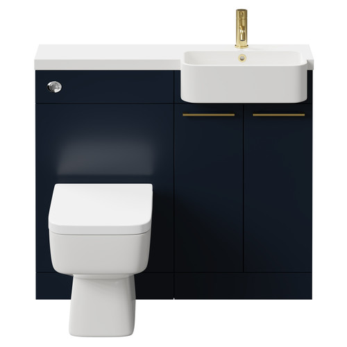 Napoli Combination Deep Blue 1000mm Vanity Unit Toilet Suite with Right Hand Round Semi Recessed 1 Tap Hole Basin and 2 Doors with Brushed Brass Handles Front View