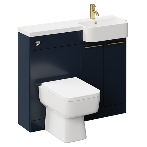 Napoli Combination Deep Blue 1000mm Vanity Unit Toilet Suite with Right Hand Round Semi Recessed 1 Tap Hole Basin and 2 Doors with Brushed Brass Handles Left Hand View