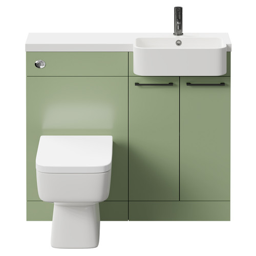 Napoli Combination Olive Green 1000mm Vanity Unit Toilet Suite with Right Hand Round Semi Recessed 1 Tap Hole Basin and 2 Doors with Gunmetal Grey Handles Front View