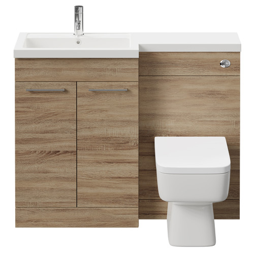 Napoli 390 Combination Bordalino Oak 1100mm Vanity Unit Toilet Suite with Left Hand L Shaped 1 Tap Hole Basin and 2 Doors with Polished Chrome Handles Front View