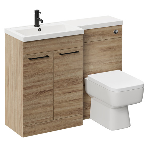 Napoli 390 Combination Bordalino Oak 1100mm Vanity Unit Toilet Suite with Left Hand L Shaped 1 Tap Hole Basin and 2 Doors with Matt Black Handles Left Hand View