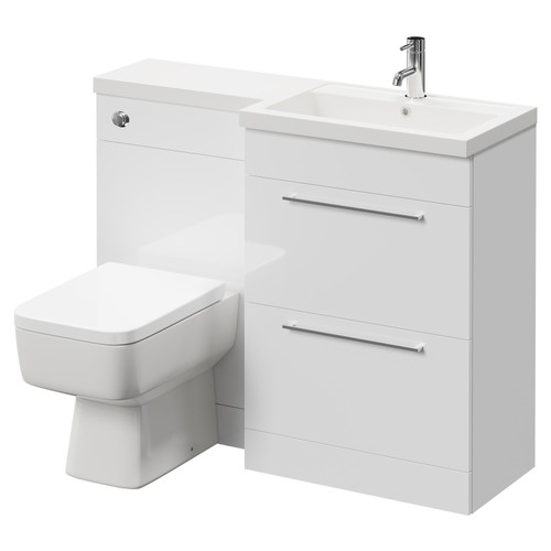 Napoli 390 Combination Gloss White 1100mm Vanity Unit Toilet Suite with Right Hand L Shaped 1 Tap Hole Basin and 2 Drawers with Polished Chrome Handles Right Hand View