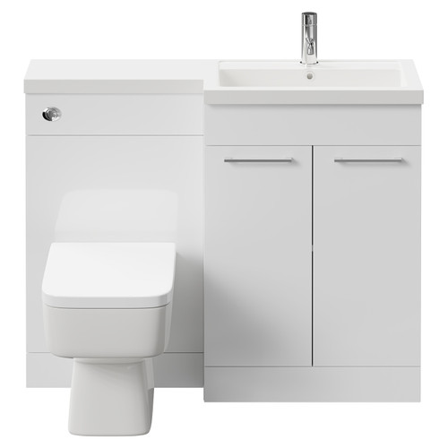 Napoli 390 Combination Gloss White 1100mm Vanity Unit Toilet Suite with Right Hand L Shaped 1 Tap Hole Basin and 2 Doors with Polished Chrome Handles Front View