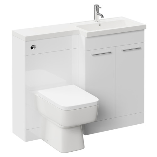 Napoli 390 Combination Gloss White 1100mm Vanity Unit Toilet Suite with Right Hand L Shaped 1 Tap Hole Basin and 2 Doors with Polished Chrome Handles Left Hand View