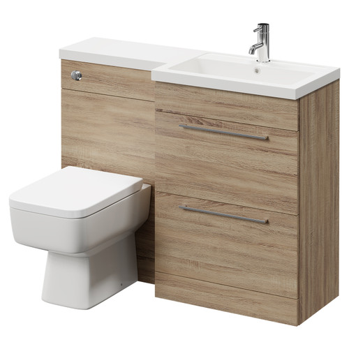 Napoli 390 Combination Bordalino Oak 1100mm Vanity Unit Toilet Suite with Right Hand L Shaped 1 Tap Hole Basin and 2 Drawers with Polished Chrome Handles Right Hand View