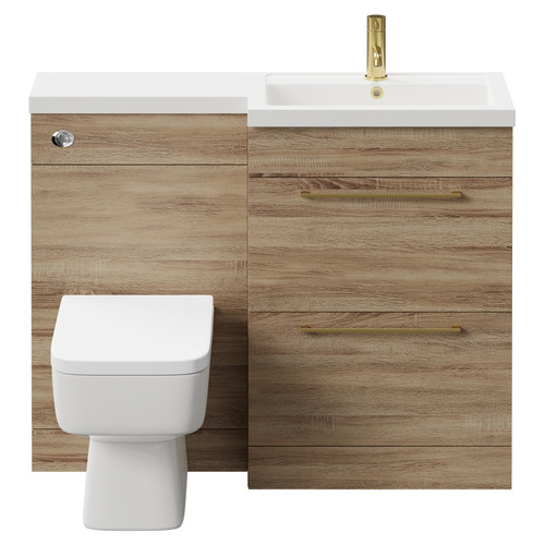 Napoli 390 Combination Bordalino Oak 1100mm Vanity Unit Toilet Suite with Right Hand L Shaped 1 Tap Hole Basin and 2 Drawers with Brushed Brass Handles Front View