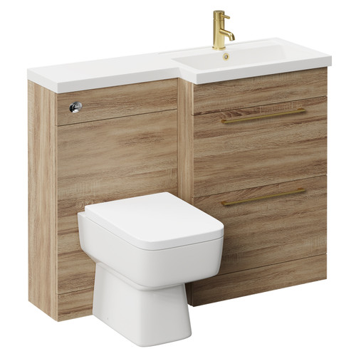 Napoli 390 Combination Bordalino Oak 1100mm Vanity Unit Toilet Suite with Right Hand L Shaped 1 Tap Hole Basin and 2 Drawers with Brushed Brass Handles Left Hand View