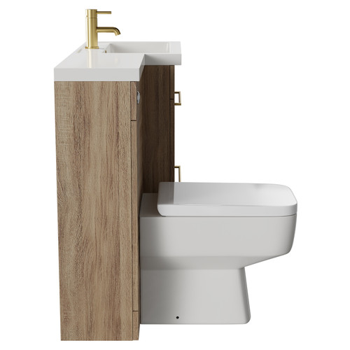 Napoli 390 Combination Bordalino Oak 1100mm Vanity Unit Toilet Suite with Right Hand L Shaped 1 Tap Hole Basin and 2 Drawers with Brushed Brass Handles Side View