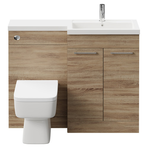 Napoli 390 Combination Bordalino Oak 1100mm Vanity Unit Toilet Suite with Right Hand L Shaped 1 Tap Hole Basin and 2 Doors with Polished Chrome Handles Front View