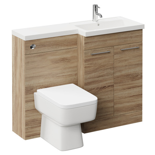 Napoli 390 Combination Bordalino Oak 1100mm Vanity Unit Toilet Suite with Right Hand L Shaped 1 Tap Hole Basin and 2 Doors with Polished Chrome Handles Left Hand View