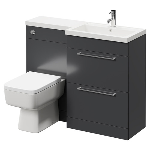 Napoli 390 Combination Gloss Grey 1100mm Vanity Unit Toilet Suite with Right Hand L Shaped 1 Tap Hole Basin and 2 Drawers with Polished Chrome Handles Right Hand View