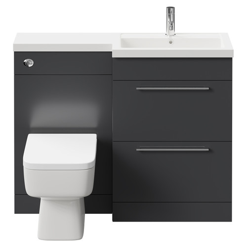 Napoli 390 Combination Gloss Grey 1100mm Vanity Unit Toilet Suite with Right Hand L Shaped 1 Tap Hole Basin and 2 Drawers with Polished Chrome Handles Front View
