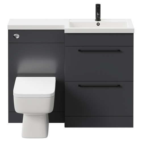 Napoli 390 Combination Gloss Grey 1100mm Vanity Unit Toilet Suite with Right Hand L Shaped 1 Tap Hole Basin and 2 Drawers with Matt Black Handles Front View