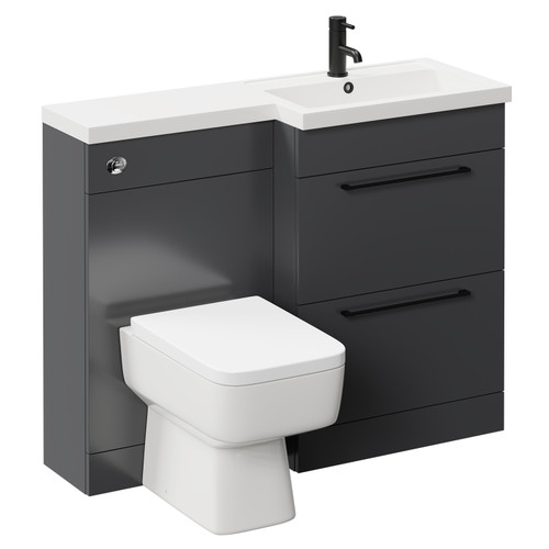 Napoli 390 Combination Gloss Grey 1100mm Vanity Unit Toilet Suite with Right Hand L Shaped 1 Tap Hole Basin and 2 Drawers with Matt Black Handles Left Hand View