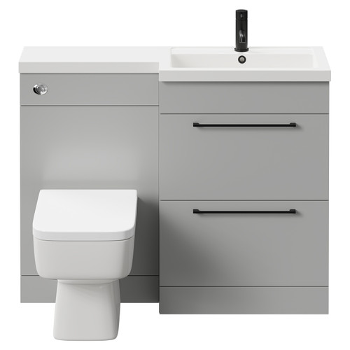 Napoli 390 Combination Gloss Grey Pearl 1100mm Vanity Unit Toilet Suite with Right Hand L Shaped 1 Tap Hole Basin and 2 Drawers with Matt Black Handles Front View