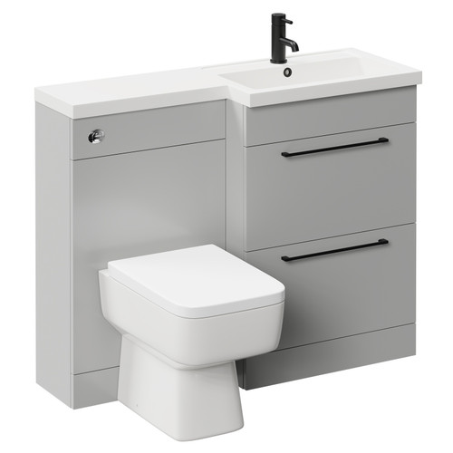Napoli 390 Combination Gloss Grey Pearl 1100mm Vanity Unit Toilet Suite with Right Hand L Shaped 1 Tap Hole Basin and 2 Drawers with Matt Black Handles Left Hand View
