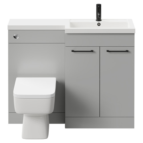 Napoli 390 Combination Gloss Grey Pearl 1100mm Vanity Unit Toilet Suite with Right Hand L Shaped 1 Tap Hole Basin and 2 Doors with Matt Black Handles Front View
