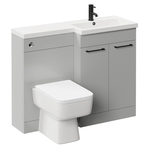 Napoli 390 Combination Gloss Grey Pearl 1100mm Vanity Unit Toilet Suite with Right Hand L Shaped 1 Tap Hole Basin and 2 Doors with Matt Black Handles Left Hand View