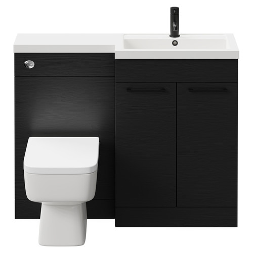 Napoli 390 Combination Nero Oak 1100mm Vanity Unit Toilet Suite with Right Hand L Shaped 1 Tap Hole Basin and 2 Doors with Matt Black Handles Front View