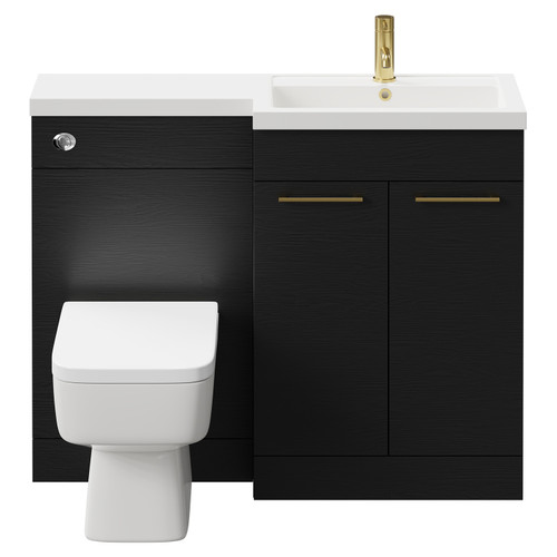 Napoli 390 Combination Nero Oak 1100mm Vanity Unit Toilet Suite with Right Hand L Shaped 1 Tap Hole Basin and 2 Doors with Brushed Brass Handles Front View