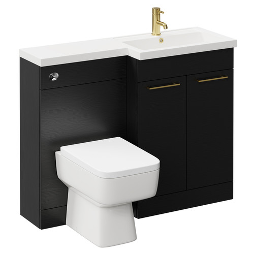 Napoli 390 Combination Nero Oak 1100mm Vanity Unit Toilet Suite with Right Hand L Shaped 1 Tap Hole Basin and 2 Doors with Brushed Brass Handles Left Hand View
