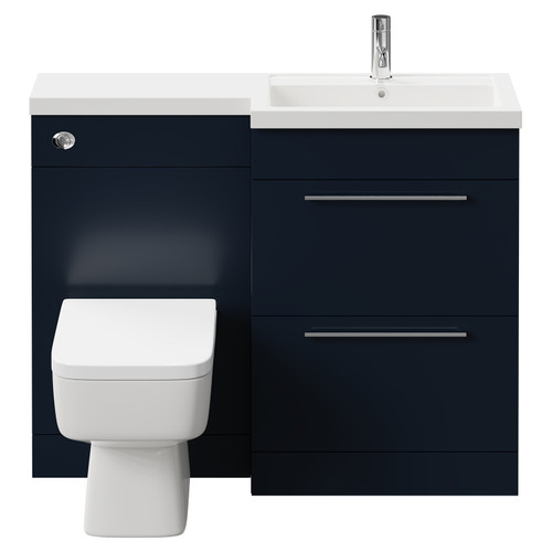 Napoli 390 Combination Deep Blue 1100mm Vanity Unit Toilet Suite with Right Hand L Shaped 1 Tap Hole Basin and 2 Drawers with Polished Chrome Handles Front View