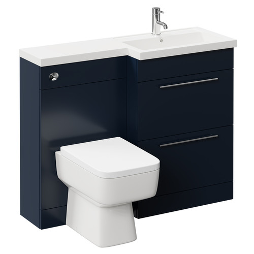 Napoli 390 Combination Deep Blue 1100mm Vanity Unit Toilet Suite with Right Hand L Shaped 1 Tap Hole Basin and 2 Drawers with Polished Chrome Handles Left Hand View
