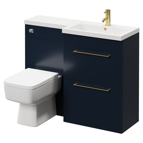 Napoli 390 Combination Deep Blue 1100mm Vanity Unit Toilet Suite with Right Hand L Shaped 1 Tap Hole Basin and 2 Drawers with Brushed Brass Handles Right Hand View