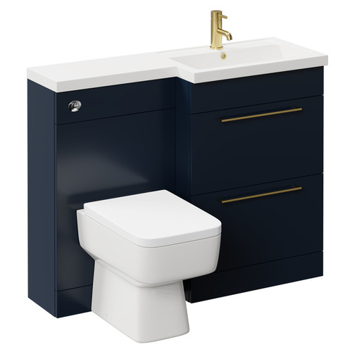 Napoli 390 Combination Deep Blue 1100mm Vanity Unit Toilet Suite with Right Hand L Shaped 1 Tap Hole Basin and 2 Drawers with Brushed Brass Handles Left Hand View