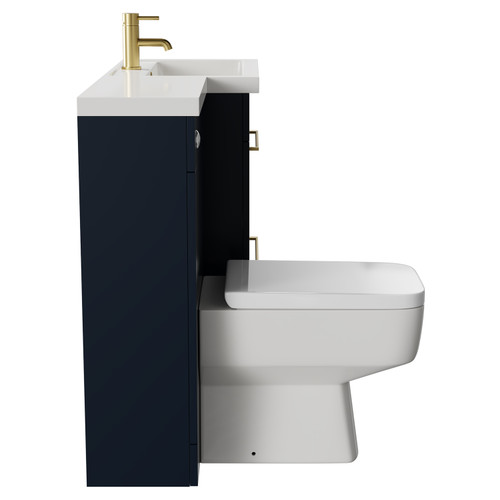 Napoli 390 Combination Deep Blue 1100mm Vanity Unit Toilet Suite with Right Hand L Shaped 1 Tap Hole Basin and 2 Drawers with Brushed Brass Handles Side View