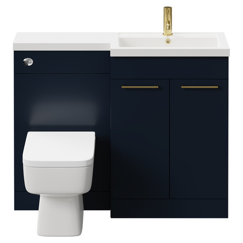 Napoli 390 Combination Deep Blue 1100mm Vanity Unit Toilet Suite with Right Hand L Shaped 1 Tap Hole Basin and 2 Doors with Brushed Brass Handles Front View