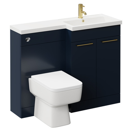 Napoli 390 Combination Deep Blue 1100mm Vanity Unit Toilet Suite with Right Hand L Shaped 1 Tap Hole Basin and 2 Doors with Brushed Brass Handles Left Hand View
