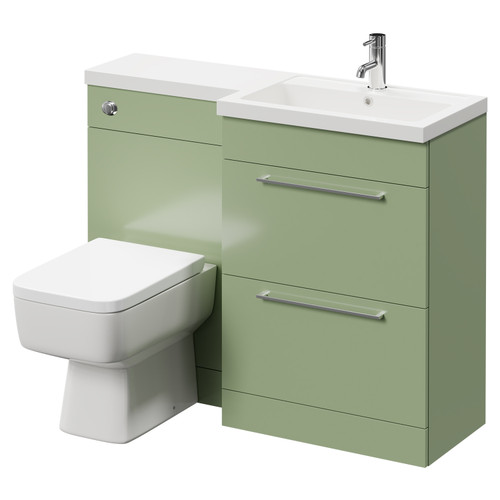 Napoli 390 Combination Olive Green 1100mm Vanity Unit Toilet Suite with Right Hand L Shaped 1 Tap Hole Basin and 2 Drawers with Polished Chrome Handles Right Hand View