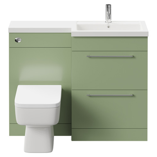 Napoli 390 Combination Olive Green 1100mm Vanity Unit Toilet Suite with Right Hand L Shaped 1 Tap Hole Basin and 2 Drawers with Polished Chrome Handles Front View