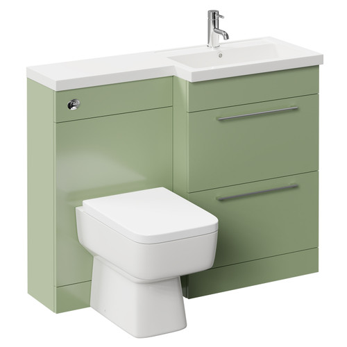 Napoli 390 Combination Olive Green 1100mm Vanity Unit Toilet Suite with Right Hand L Shaped 1 Tap Hole Basin and 2 Drawers with Polished Chrome Handles Left Hand View