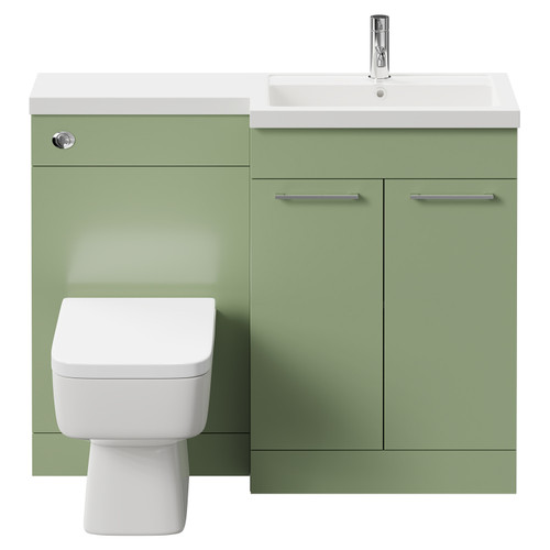 Napoli 390 Combination Olive Green 1100mm Vanity Unit Toilet Suite with Right Hand L Shaped 1 Tap Hole Basin and 2 Doors with Polished Chrome Handles Front View