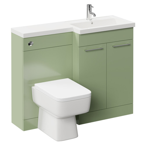 Napoli 390 Combination Olive Green 1100mm Vanity Unit Toilet Suite with Right Hand L Shaped 1 Tap Hole Basin and 2 Doors with Polished Chrome Handles Left Hand View