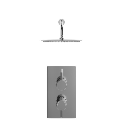 Circo Polished Chrome Concealed Twin Thermostatic Shower Valve and 300mm Thin Round Fixed Head with Wall Arm - 1 Outlet Front View